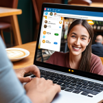 ** A person relaxing at a cafe, using a laptop connected to public Wi-Fi. The person is smiling confidently, with a VPN icon subtly overlaid on the laptop screen, symbolizing secure browsing. The background shows blurred faces and cafe ambiance.

**