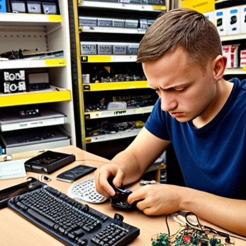 Home 6 Electronics Shopping Caution**
Prompt: *A worried Polish shopper examining a smartphone purchased online. The background shows a cluttered desk with various electronics components, hinting at potential repair issues. Emphasize the low price tag on the phone, but also highlight signs of poor quality or a possible counterfeit mark. Include elements suggesting a typical Polish home setting.*
**