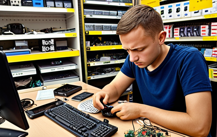 Electronics Shopping Caution**

Prompt: *A worried Polish shopper examining a smartphone purchased online. The background shows a cluttered desk with various electronics components, hinting at potential repair issues. Emphasize the low price tag on the phone, but also highlight signs of poor quality or a possible counterfeit mark. Include elements suggesting a typical Polish home setting.*

**
